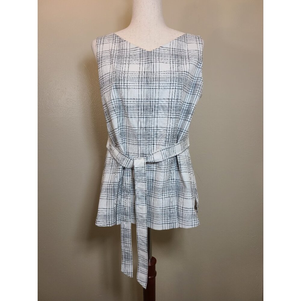 Ann Taylor Petite Tank No sleeves Belt Black Stripes White shirt SIZE 12P A235